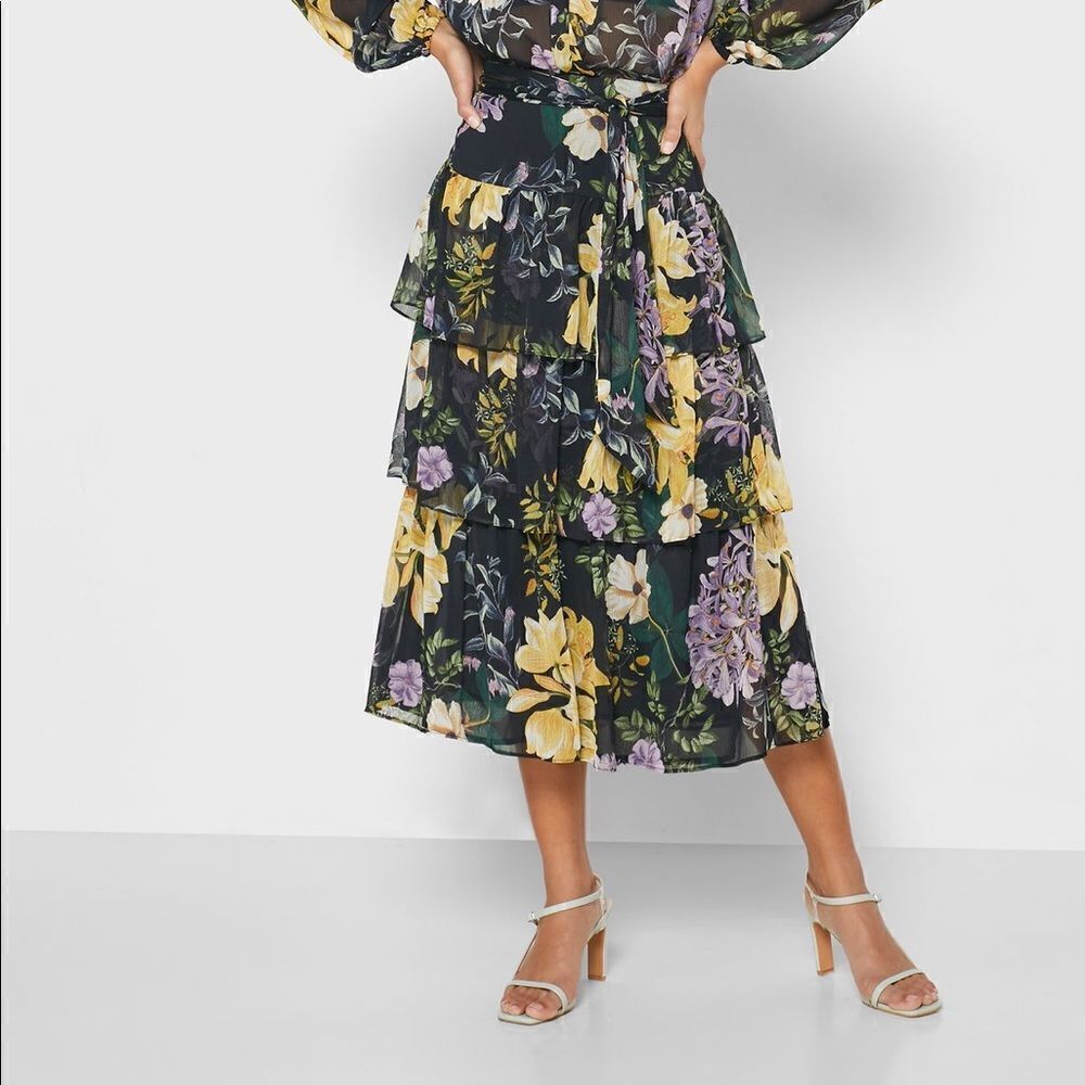Mango Floral Print Layered Skirt Belted Frills - Picture 4 of 6